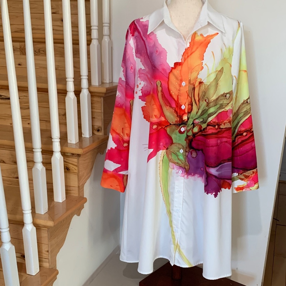 STYLEWE Elegant Long-Sleeve White Shirt Dress with Vibrant Floral Imprint